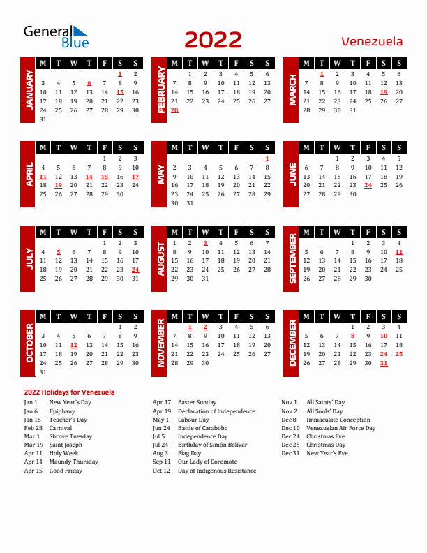 Download Venezuela 2022 Calendar - Monday Start