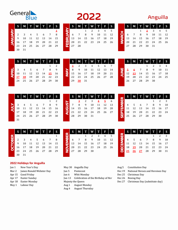 Download Anguilla 2022 Calendar - Sunday Start