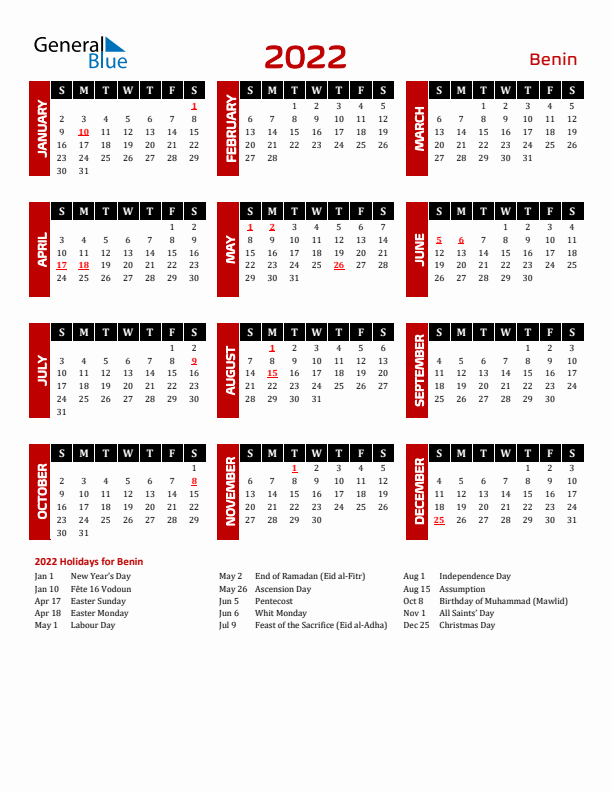 Download Benin 2022 Calendar - Sunday Start