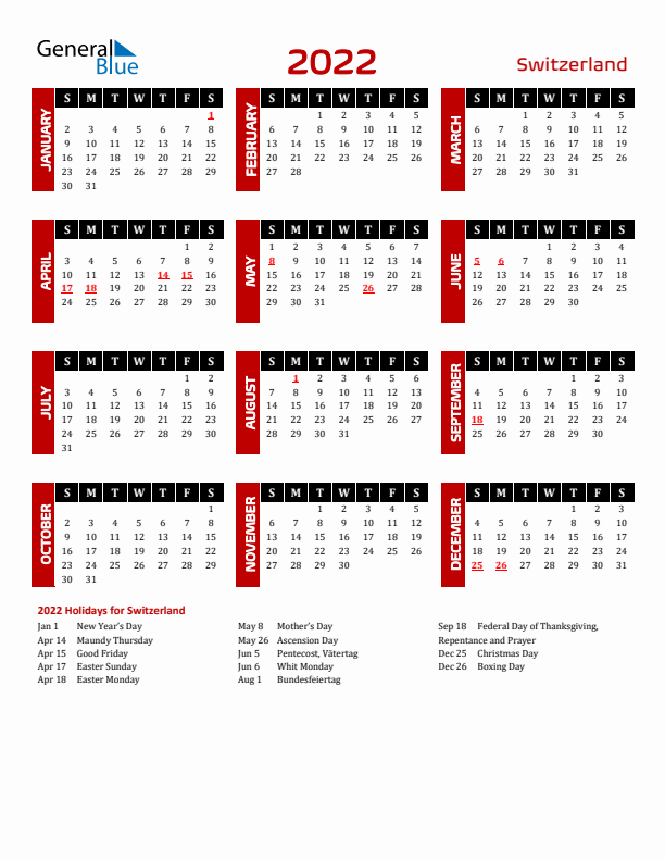 Download Switzerland 2022 Calendar - Sunday Start