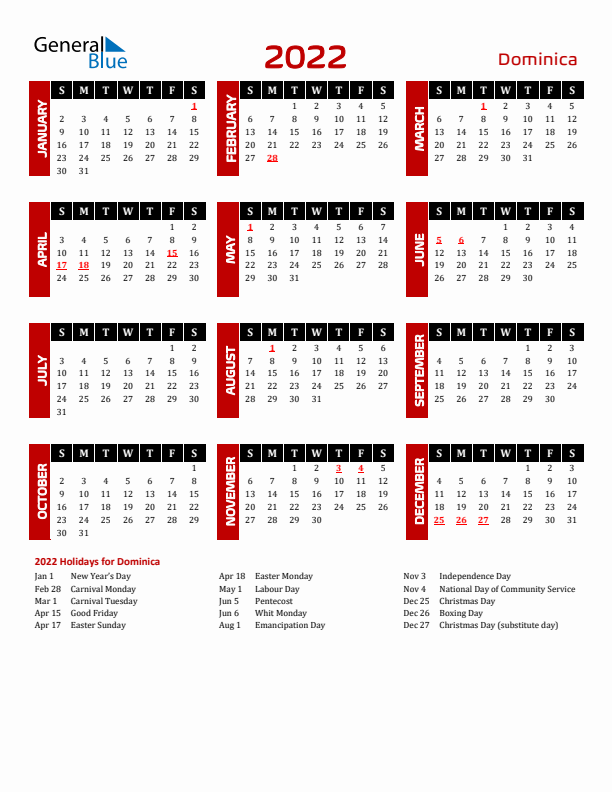 Download Dominica 2022 Calendar - Sunday Start