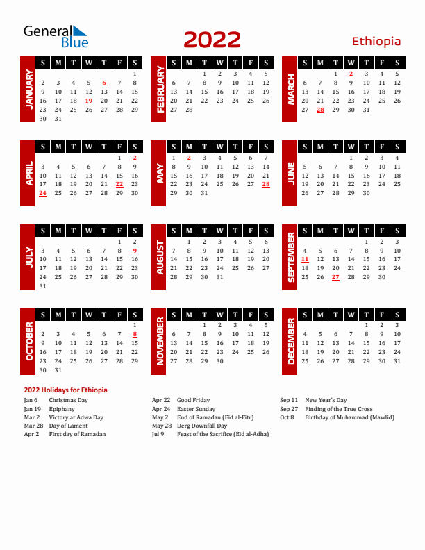 Download Ethiopia 2022 Calendar - Sunday Start