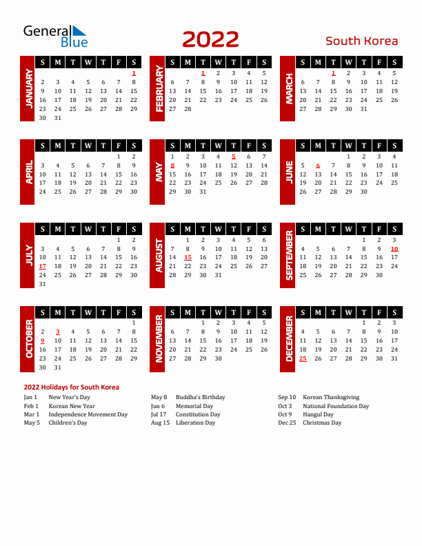 Download South Korea 2022 Calendar - Sunday Start