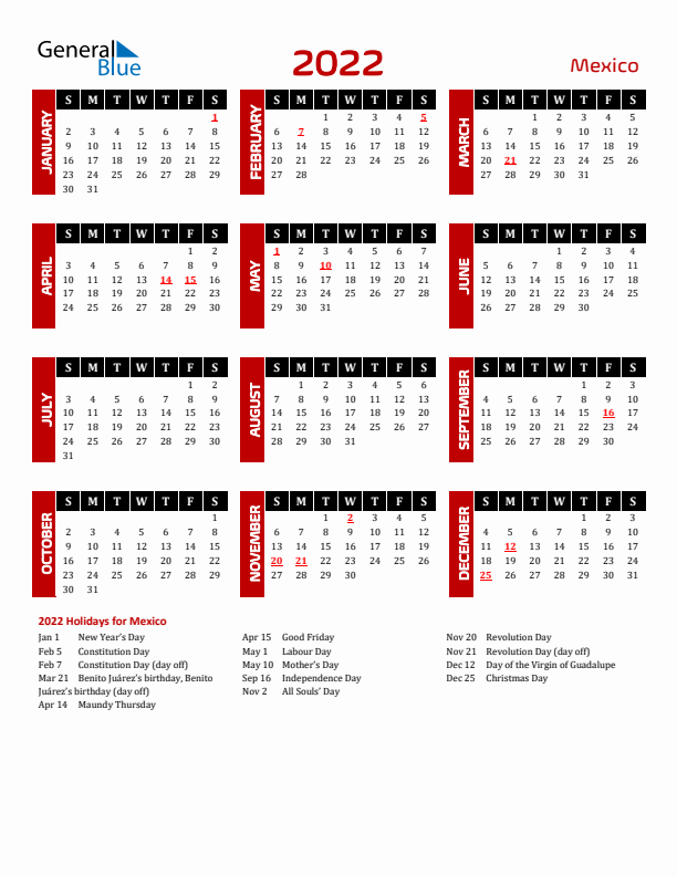 Download Mexico 2022 Calendar - Sunday Start