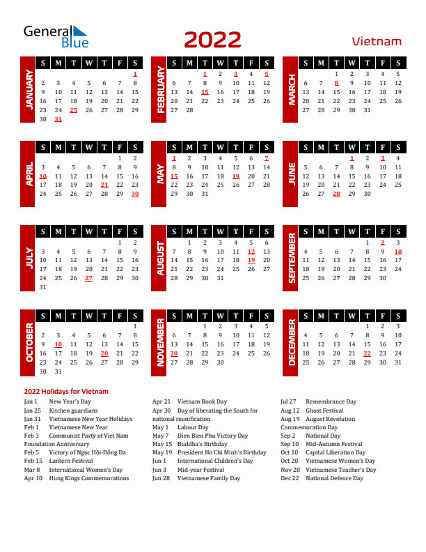 Download Vietnam 2022 Calendar - Sunday Start