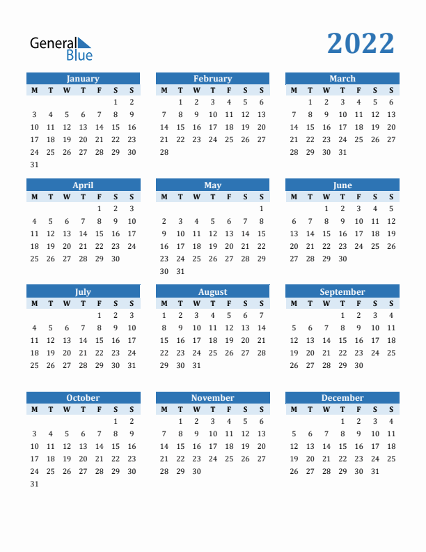 2022 Year Calendar with Monday Start