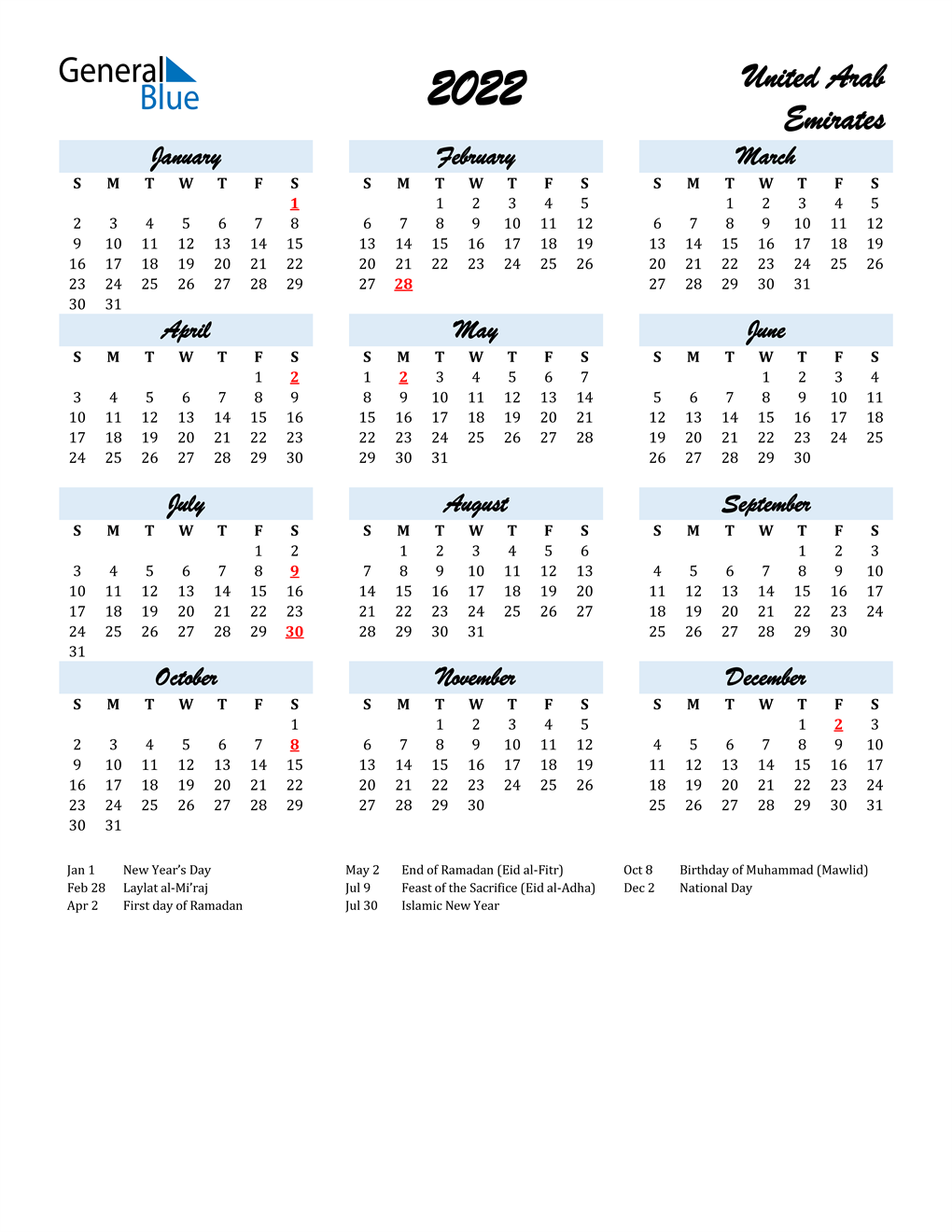 Gcc Calendar 2022 2022 United Arab Emirates Calendar With Holidays