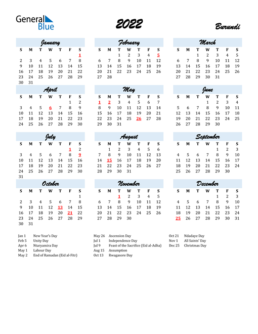 2022 calendar burundi with holidays