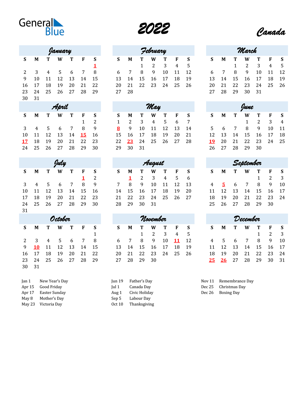 Canada 2022 Calendar 2022 Canada Calendar With Holidays