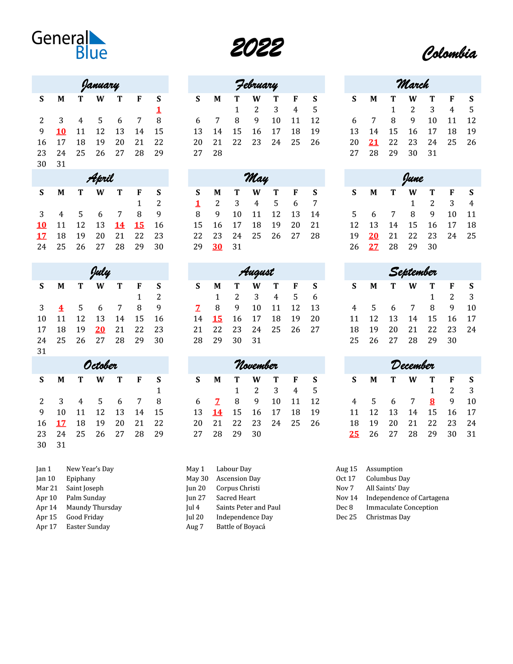 Colombia Calendar 2022 2022 Colombia Calendar With Holidays