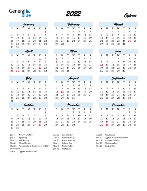 2022 Calendar for Cyprus with Holidays