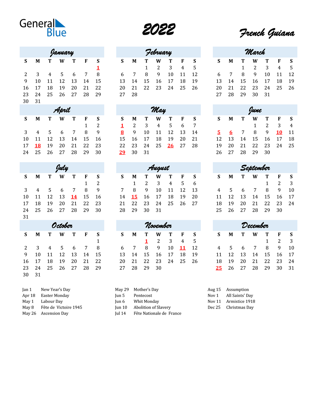 2022 French Guiana Calendar With Holidays