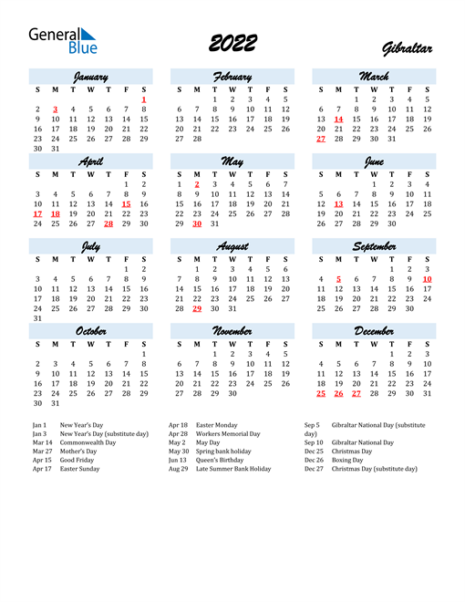 2022 Gibraltar Calendar with Holidays