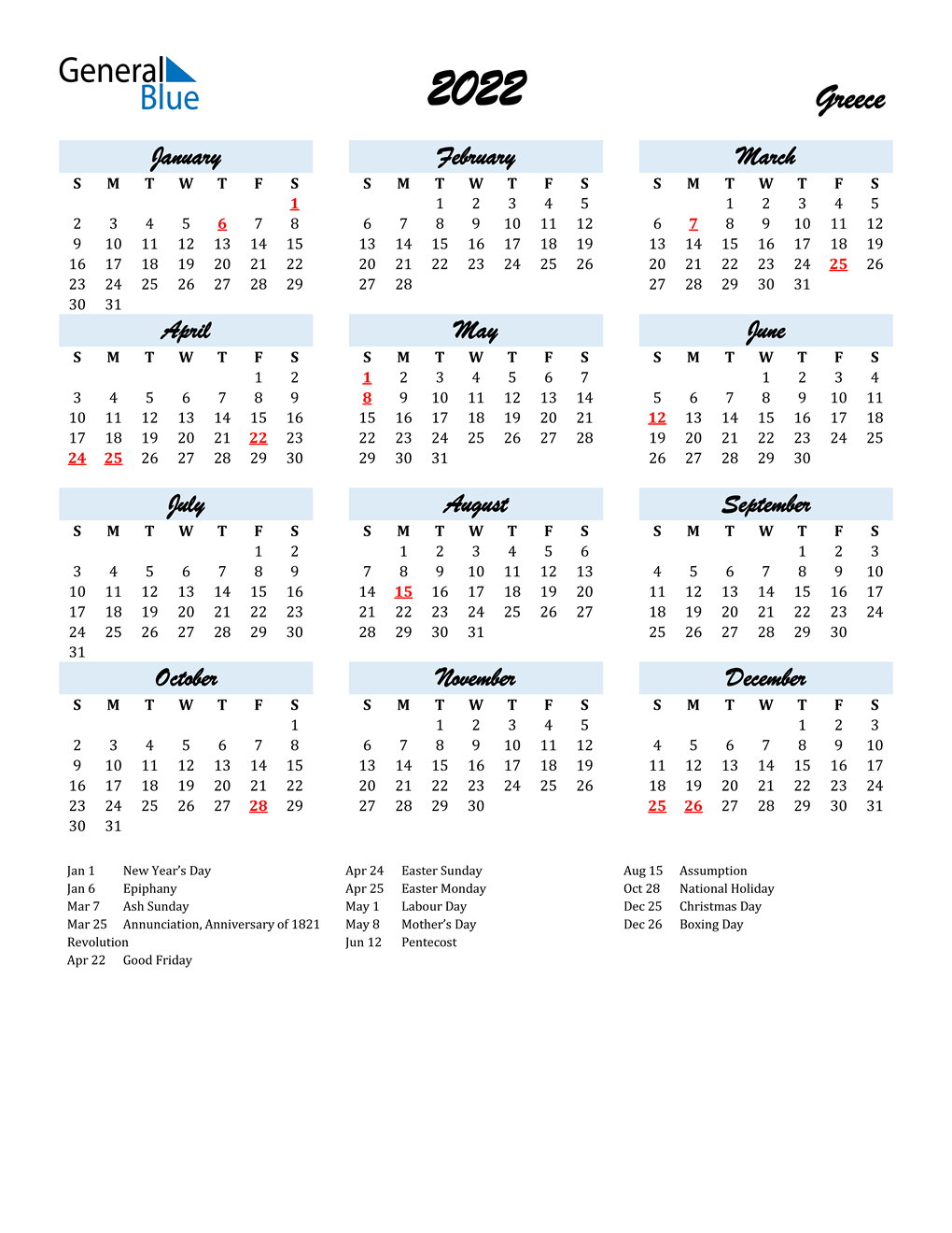 2022 Greece Calendar With Holidays