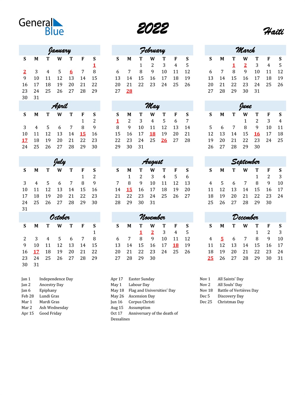 2022 Calendar for Haiti with Holidays