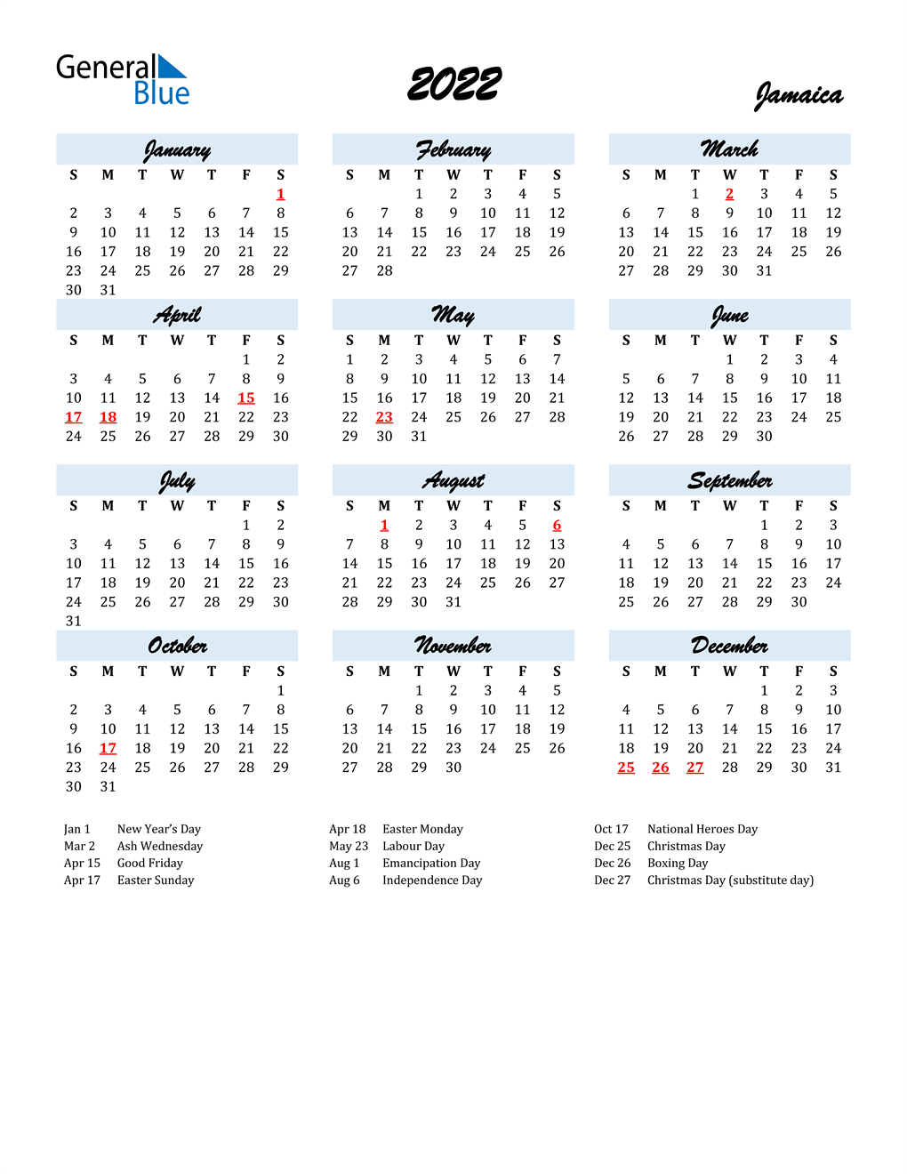 Jamaica Calendars With Holidays