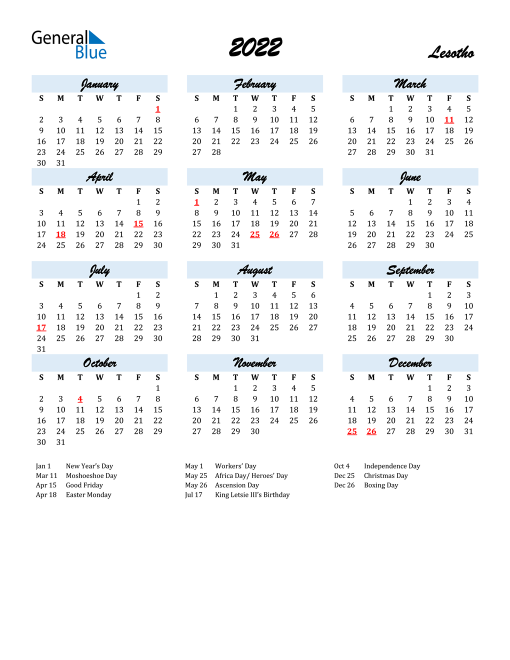 Dongcong Net Calendar 2022 2022 Lesotho Calendar With Holidays