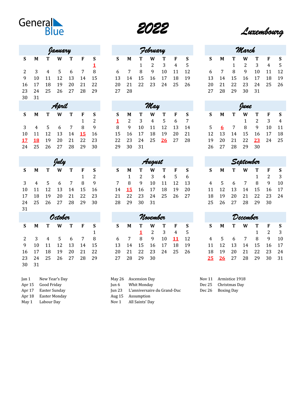 2022 Luxembourg Calendar With Holidays