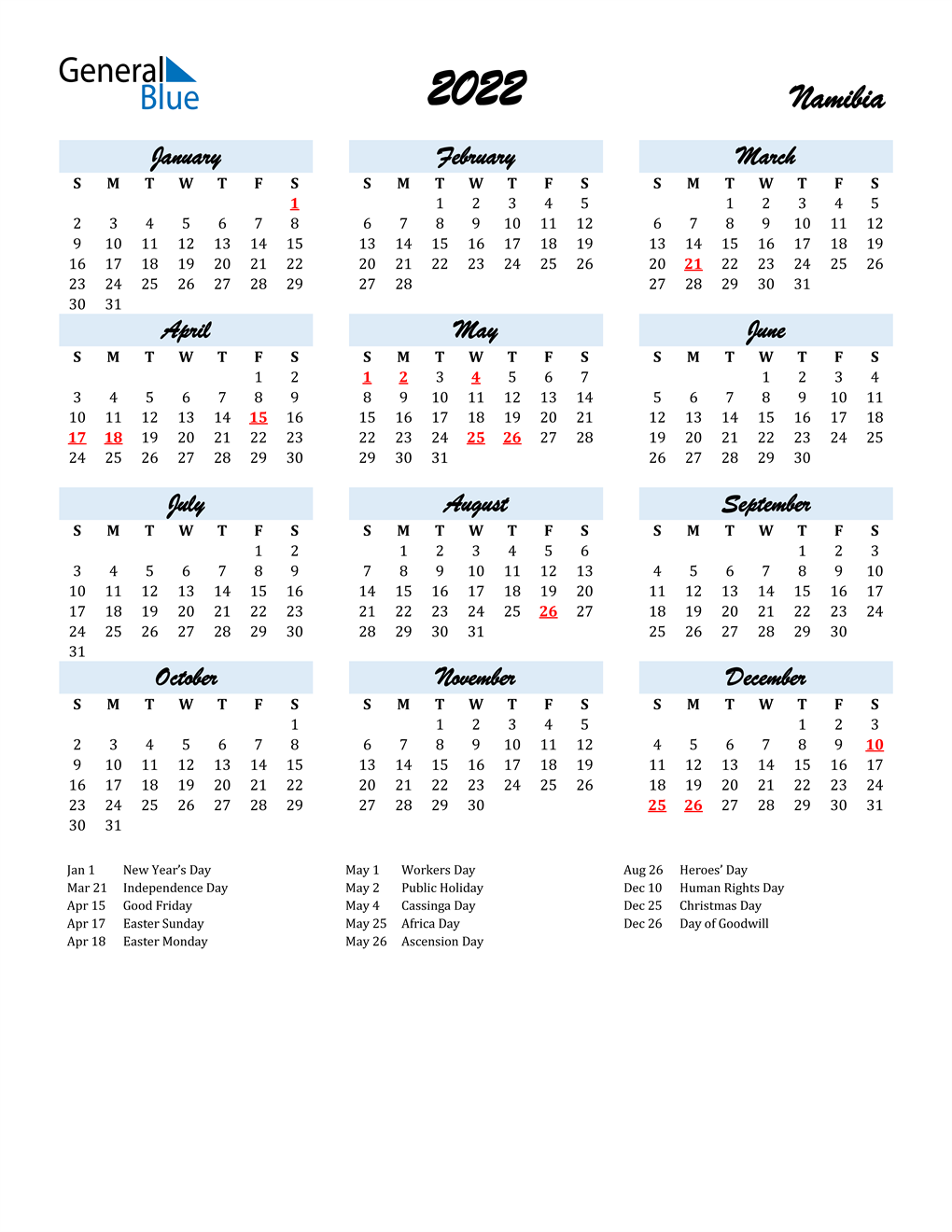 2022 Calendar for Namibia with Holidays