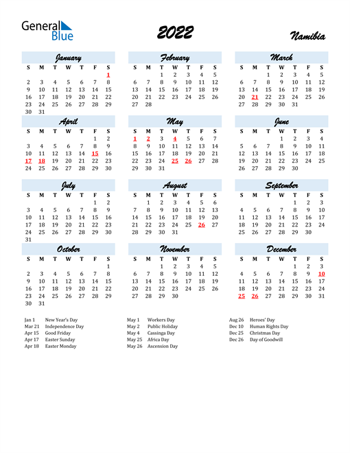 2022 calendar namibia with holidays