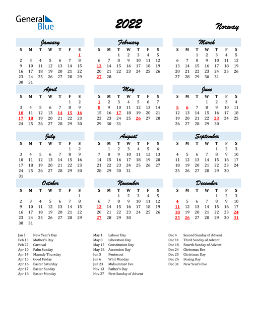 2022 calendar norway with holidays