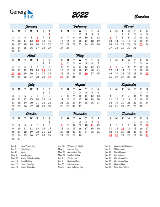 2022 Sweden Calendar with Holidays