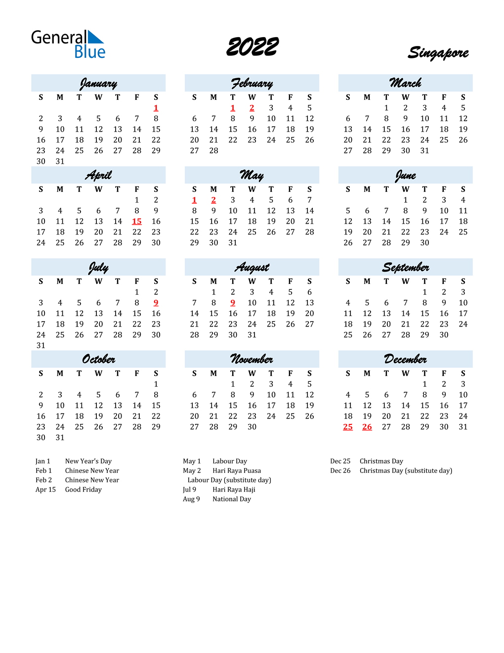 Monthly Calendar With Holidays 2022 2022 Singapore Calendar With Holidays