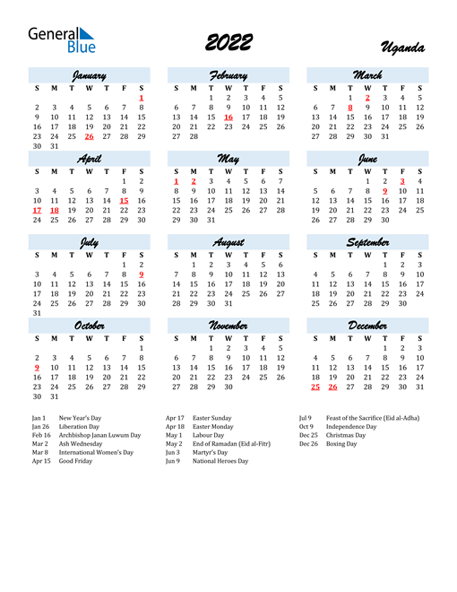 2022 Calendar for Uganda with Holidays