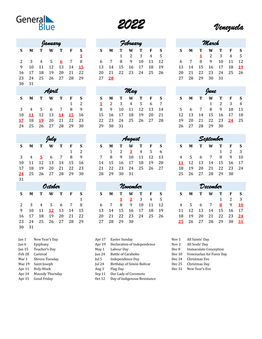 2022 Calendar for Venezuela with Holidays