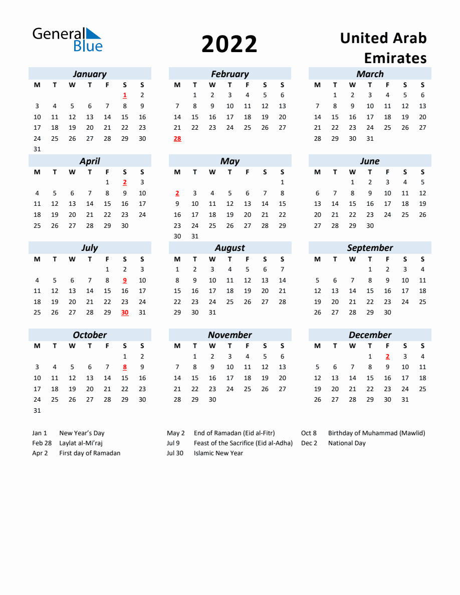 2022 Yearly Calendar for United Arab Emirates with Holidays