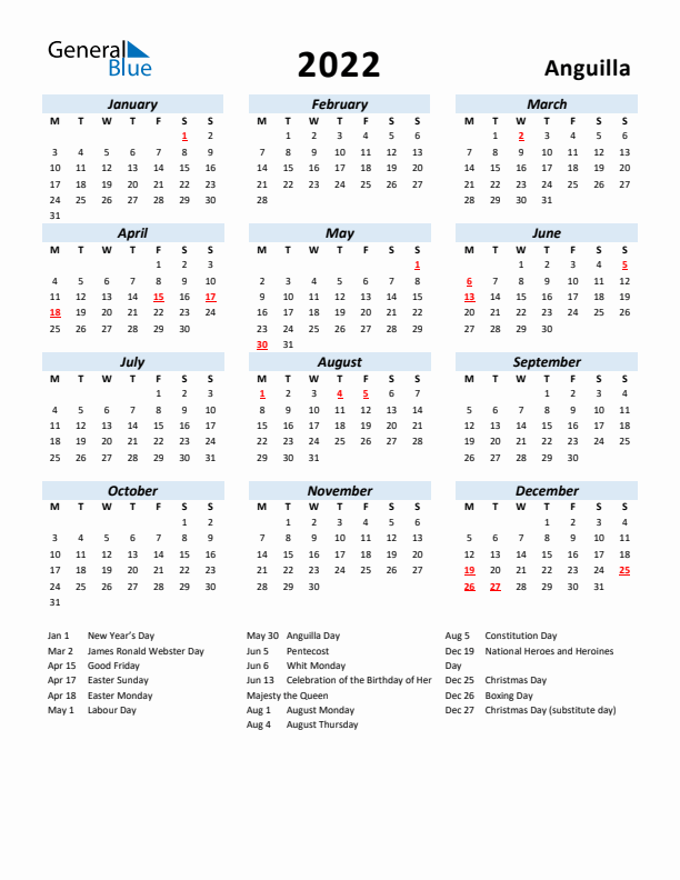 2022 Calendar for Anguilla with Holidays
