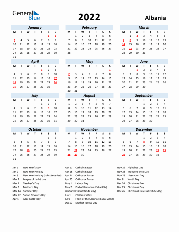 2022 Calendar for Albania with Holidays