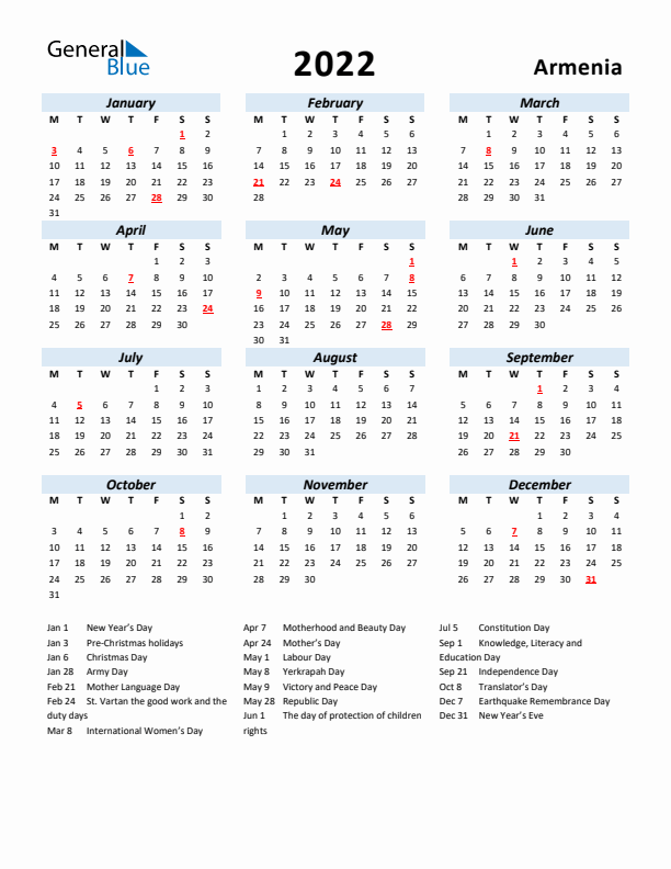 2022 Calendar for Armenia with Holidays