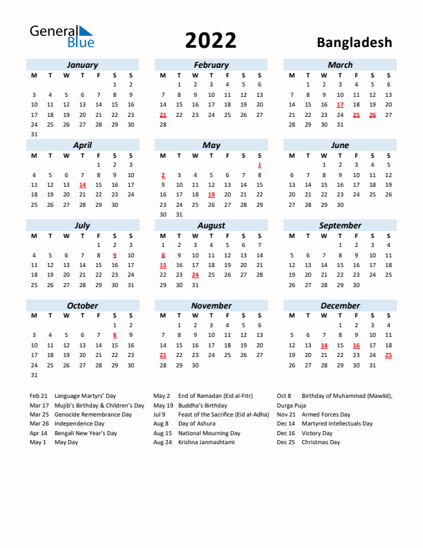2022 Calendar for Bangladesh with Holidays