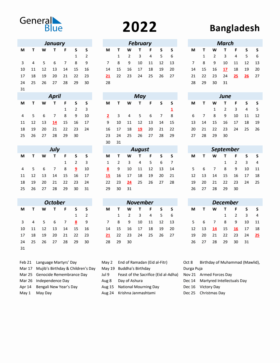 2022 Yearly Calendar for Bangladesh with Holidays