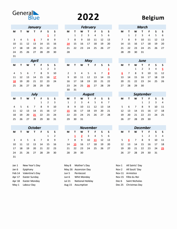 2022 Calendar for Belgium with Holidays