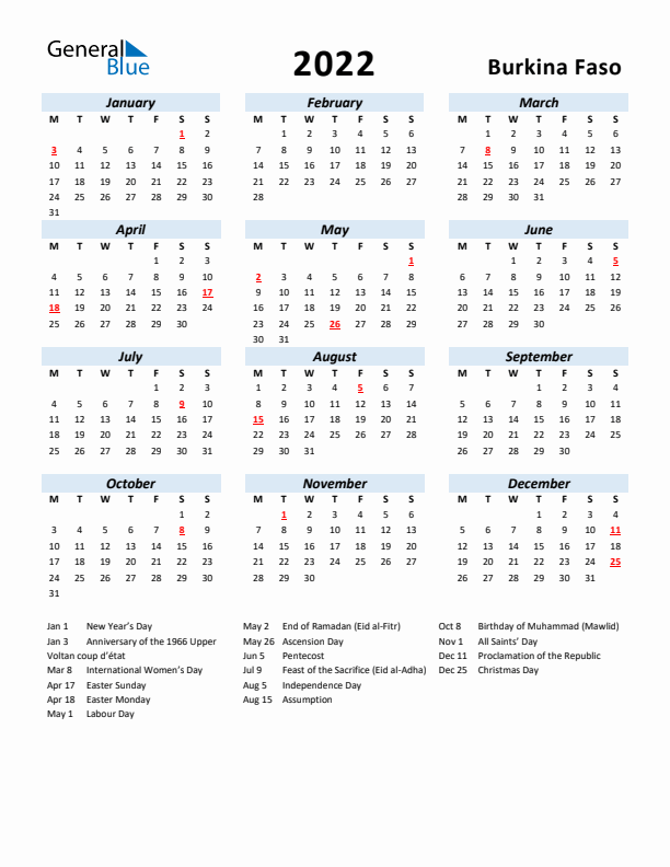 2022 Calendar for Burkina Faso with Holidays