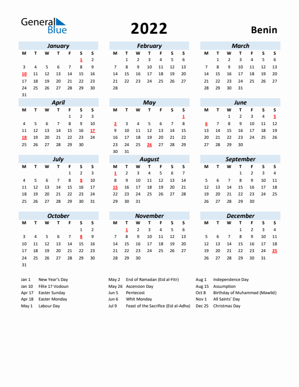 2022 Calendar for Benin with Holidays