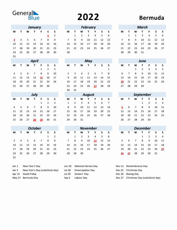 2022 Calendar for Bermuda with Holidays