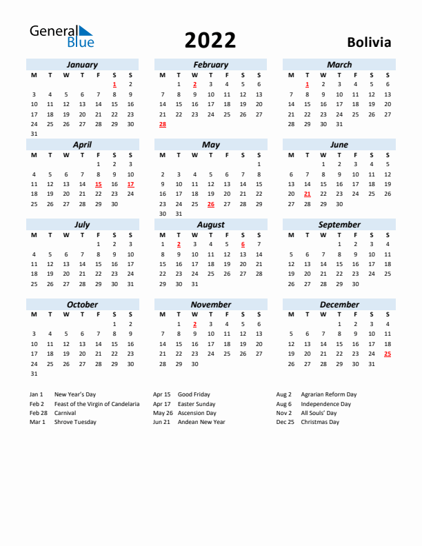 2022 Calendar for Bolivia with Holidays