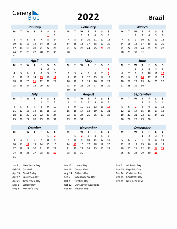 2022 Calendar for Brazil with Holidays