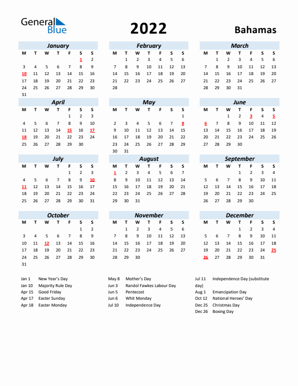 2022 Calendar for Bahamas with Holidays