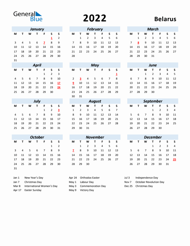 2022 Calendar for Belarus with Holidays