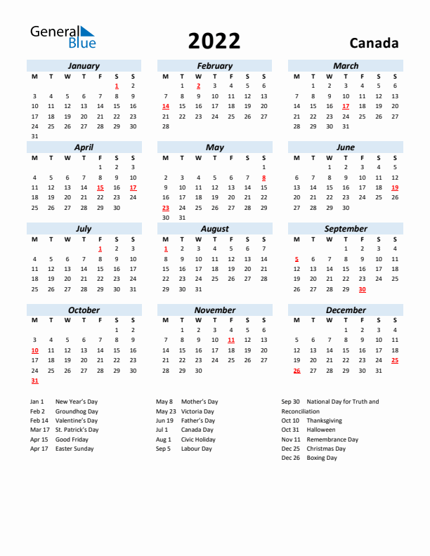 2022 Yearly Calendar for Canada with Holidays