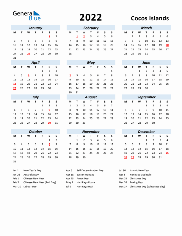 2022 Calendar for Cocos Islands with Holidays