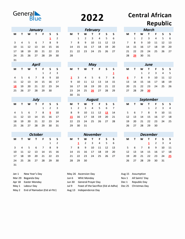 2022 Calendar for Central African Republic with Holidays