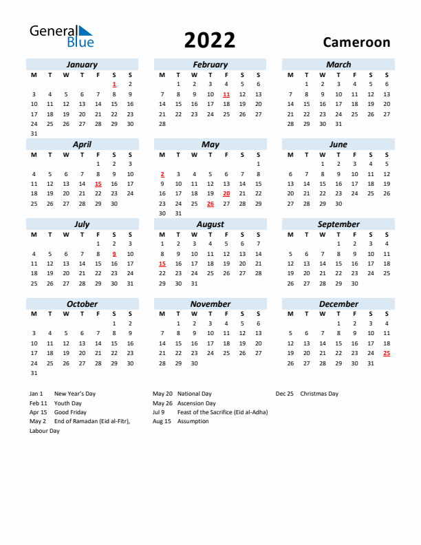 2022 Calendar for Cameroon with Holidays