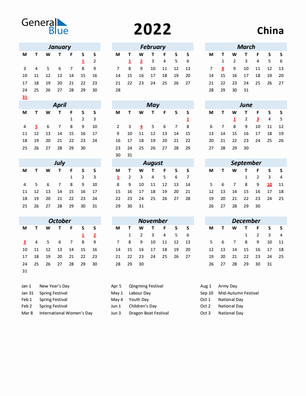 2022 Calendar for China with Holidays