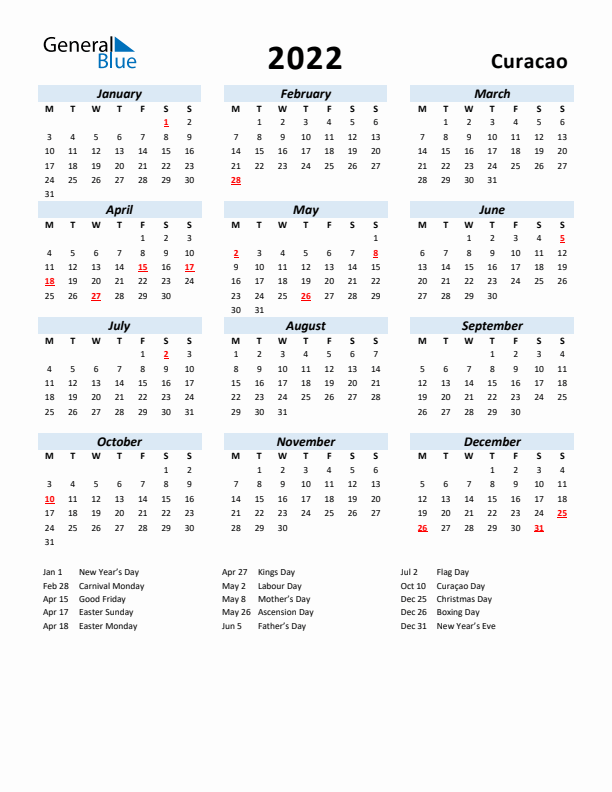 2022 Calendar for Curacao with Holidays