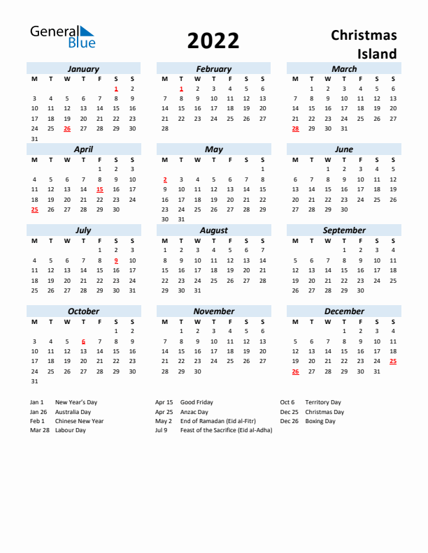 2022 Calendar for Christmas Island with Holidays